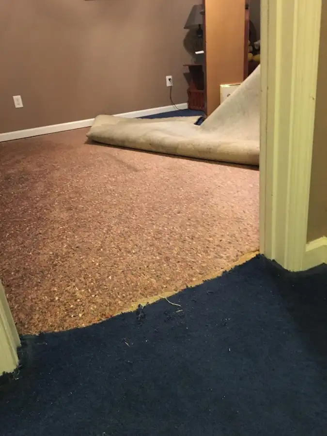 Carpet pad removal revealing water damage during Drying & Dehumidification in West Bend